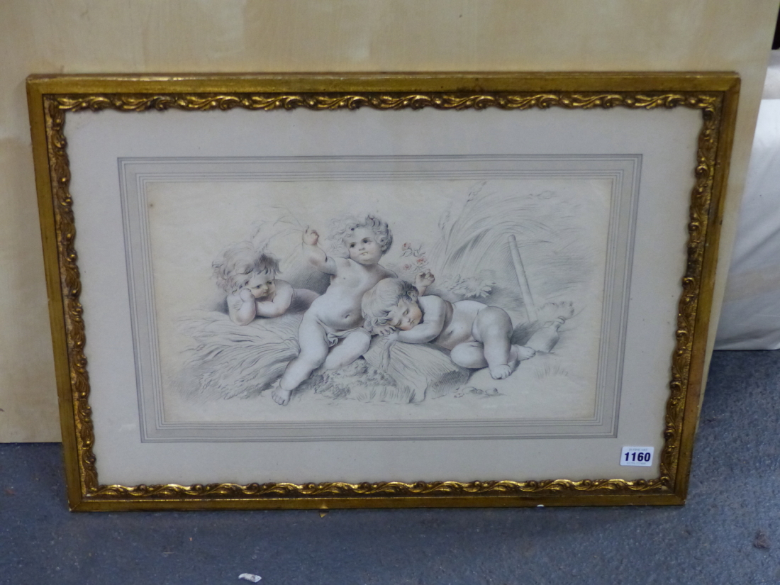 EARLY 19th.C.SCHOOL. PLAYFUL PUTTI, PENCIL AND COLOURED CHALK DRAWING. 25 x 41cms. - Image 2 of 3