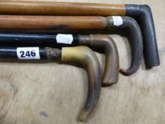 FOUR HORN HANDLED WALKING STICKS TO INCLUDE ONE WITH SILVER BAND, BIRMINGHAM 1893, TWO OF CANE AND