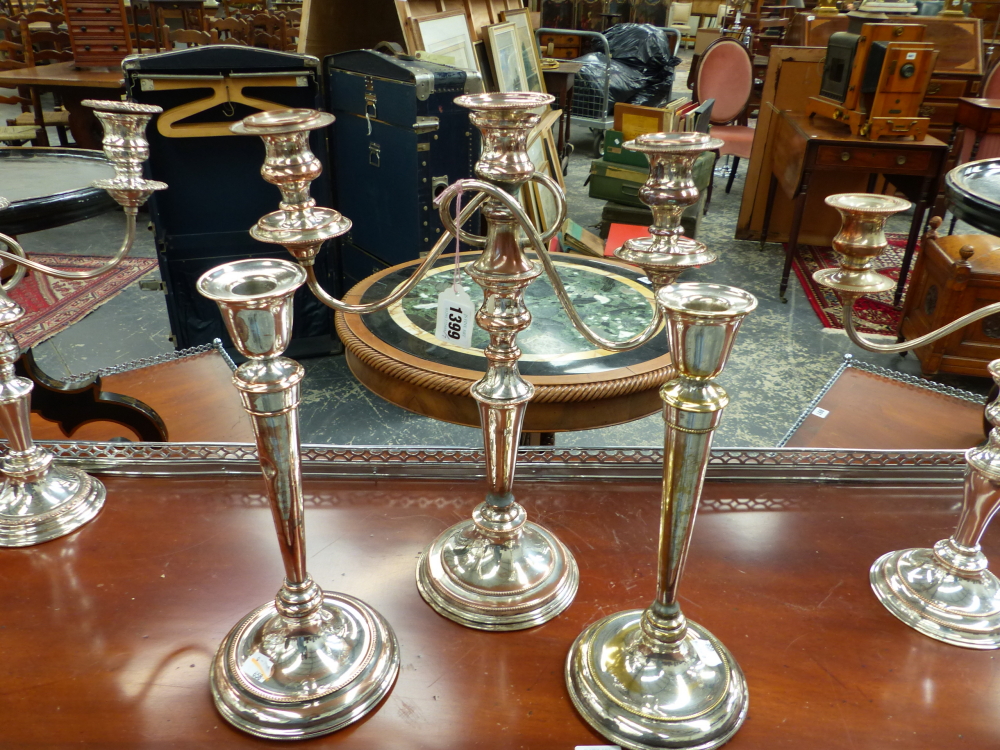 FIVE SILVER PLATE ON COPPER THREE BRANCH CANDELABRA AND TWO FURTHER CANDLESTICKS. - Image 4 of 4