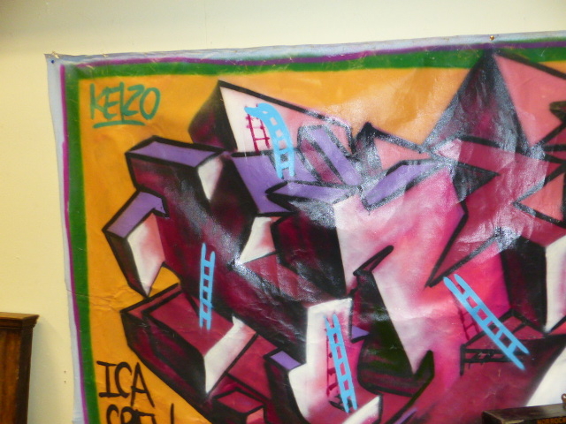 CONTEMPORARY SCHOOL. A GRAFFITI COMPOSITION, OIL ON UNSTRETCHED CANVAS. 157 x 258cms. - Image 3 of 7