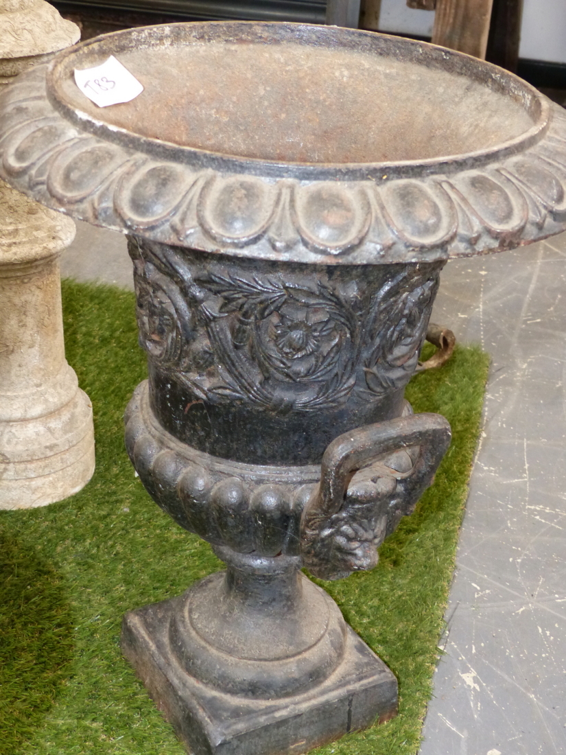 A PAIR OF OLD CAST IRON CLASSICAL VICTORIAN STYLE GARDEN URNS ON SQUARE BASES. Dia.48 x H.60cms. - Image 2 of 4