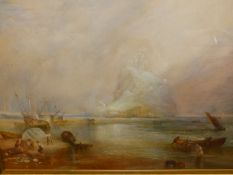 19th.C.ENGLISH SCHOOL AFTER J.M.W.TURNER. ST.MICHAEL'S MOUNT, CORNWALL, WATERCOLOUR. 57 x 75cms.