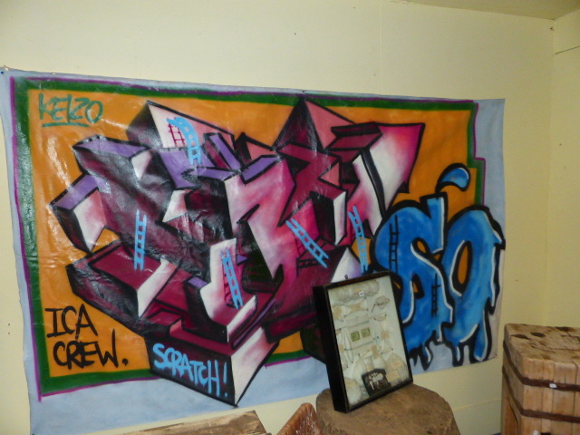 CONTEMPORARY SCHOOL. A GRAFFITI COMPOSITION, OIL ON UNSTRETCHED CANVAS. 157 x 258cms. - Image 7 of 7