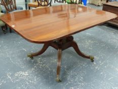 A REGENCY ROSEWOOD AND BRASS INLAID TILT TOP BREAKFAST TABLE ON QUADRUPED SABRE LEGS. 98 x 140 x H.