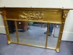 A 19th.C. GILT OVERMANTLE WITH CLASSICAL CHARIOT FRIEZE OVER TRIPLE PLATE MIRROR, FLANKED BY CLUSTER