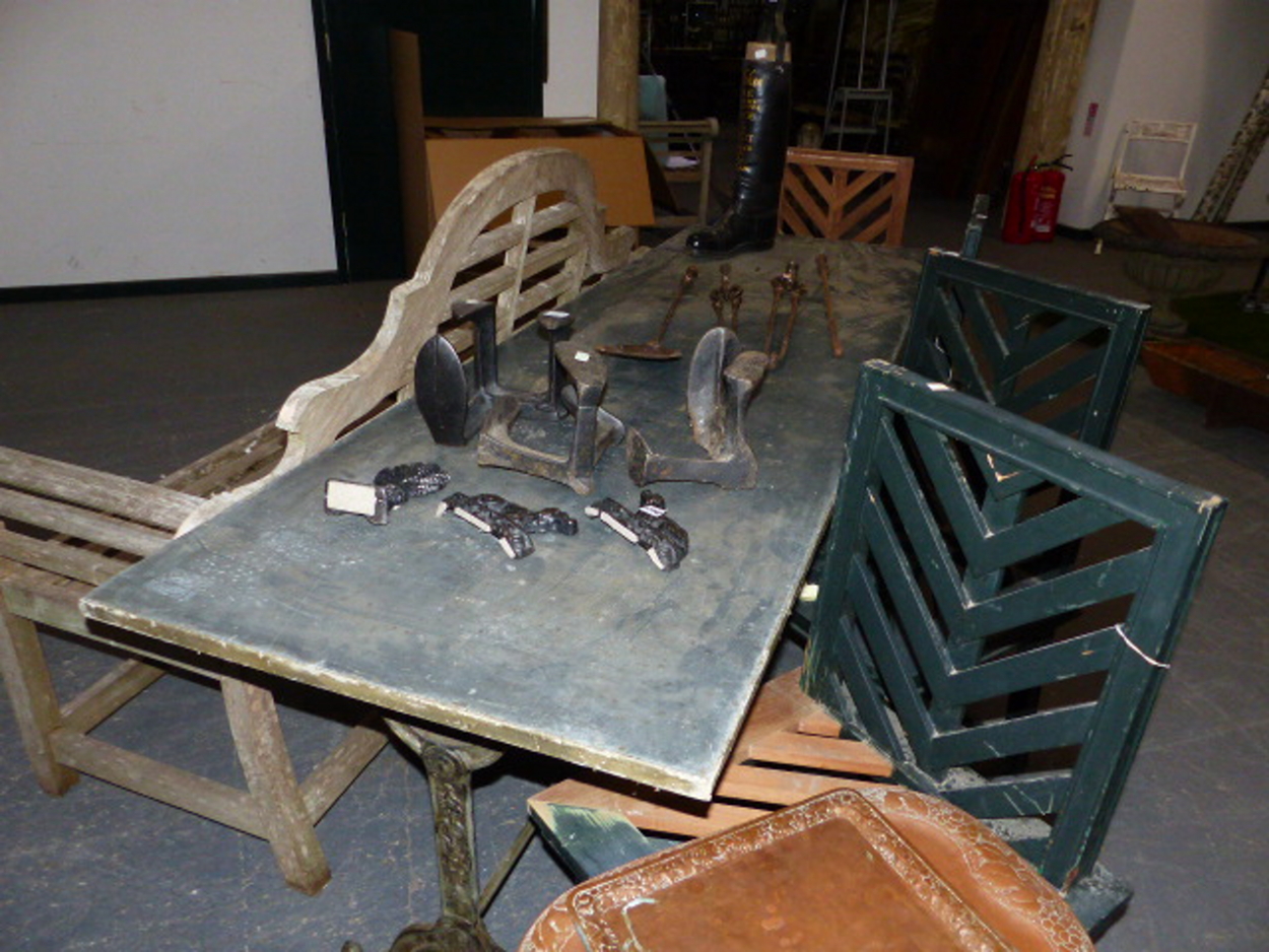 A SET OF THREE CAST IRON BASED TABLES WITH CAST IRON TRESTLE BASES AND ZINC WRAPPED TOPS. 69 x 210 x - Image 9 of 11