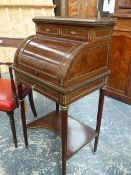 AN EDWARDIAN FRENCH EMPIRE STYLE MAHOGANY CYLINDER TOP SMALL WRITING DESK WITH BRASS GALLERY