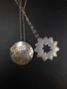 TWO VINTAGE HALLMARKED SILVER STYLIZED PENDANTS WITH CHAINS, DATED 1975, MAKERS MARK GA HH,