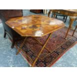 A LATE VICTORIAN FOLDING BRIDGE TABLE WITH SPECIMEN WOOD INLAID TOP ON BAMBOO FOLDING STAND. 73 x