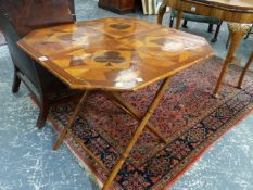 A LATE VICTORIAN FOLDING BRIDGE TABLE WITH SPECIMEN WOOD INLAID TOP ON BAMBOO FOLDING STAND. 73 x