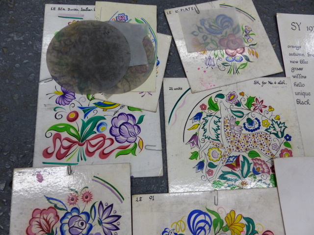 NINE WATERCOLOURED DESIGNS FOR POOLE POTTERY TOGETHER WITH SOME PIN PRICKED STENCILS, MAINLY FLOWERS - Image 3 of 3