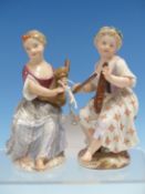 A PAIR OF MEISSEN LADIES SEATED BAREFOOT PLAYING A BAGPIPE AND A VIOLIN, CROSSED SWORDS MARKS. H