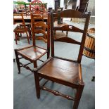 FIVE SIMILAR 19th.C.OAK AND ASH PLANK SEAT CHAIRS, ONE SPINDLE BACK AND FOUR LADDER BACK. (5)