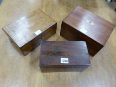 TWO TUNBRIDGE WARE BOXES AND A MAHOGANY TEA CADDY EACH HINGED LID OPENING ONTO A COMPARTMENT, THE