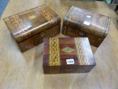 THREE TUNBRIDGE WARE JEWELLERY BOXES EACH WITH INTERNAL TRAY, THE LARGEST. H 12 x 27 x 19cms.