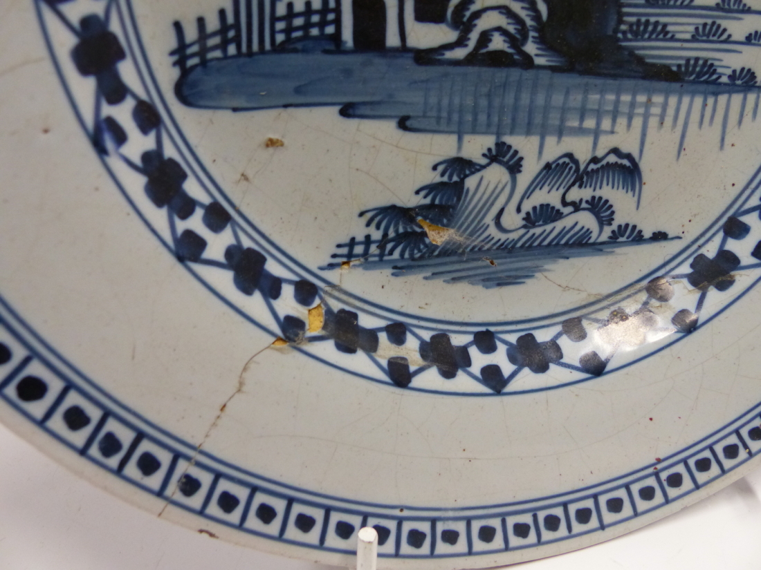 THREE DELFT BLUE AND WHITE PLATES, THE LARGEST. Dia. 34cms TOGETHER WITH A JAPANESE IMARI DISH. Dia. - Image 4 of 26