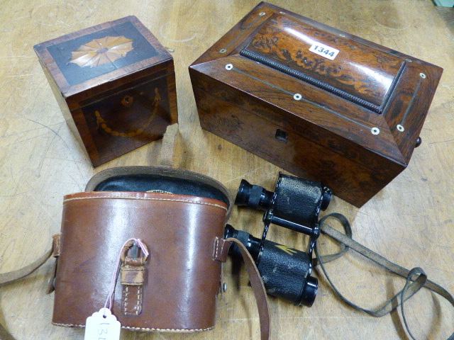 A GEORGE III SINGLE COMPARTMENT TEA CADDY. W 13cms. A YEW WOOD INLAID ROSEWOOD WORK BOX. W 29cms.