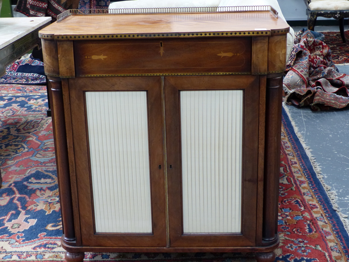 A PAIR OF 19th.C.AND LATER REGENCY STYLE MAHOGANY SIDE CABINETS WITH BRASS GALLERY TOP OVER FRIEZE - Image 7 of 16