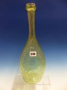 A CLUTHA STYLE BUBBLED PALE GREEN GLASS BOTTLE, THE TALL NECK TO THE ROUNDED TRIANGULAR BODY APPLIED