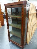 A 19th.C.FRENCH SATINWOOD TALL DISPLAY CABINET WITH HAND PAINTED FLORAL DECORATION. 73 x 34 x H.