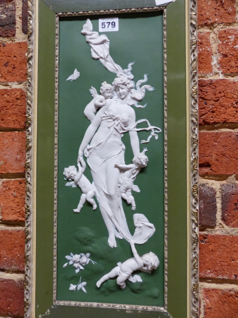 A FRAMED GERMAN BISCUIT PORCELAIN DIP JASPER PLAQUE, THE ART NOUVEAU LOOSELY DRAPED LADY AND FOUR - Image 2 of 3