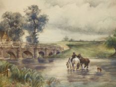 EDMUND MORISON WIMPERIS. 1835-1900) WATERING THE HORSES, INITIALLED WATERCOLOUR 17.5 x 24.5cms.