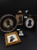 FIVE VARIOUSLY FRAMED SILHOUETTES TO INCLUDE ONE BY MIERS OF A LADY WITH GILT DETAILS AND ANOTHER OF