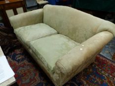 A MODERN 19th.C.STYLE TWO SEAT SOFA WITH PALE GREEN DAMASK UPHOLSTERY ON TURNED FORELEGS WITH