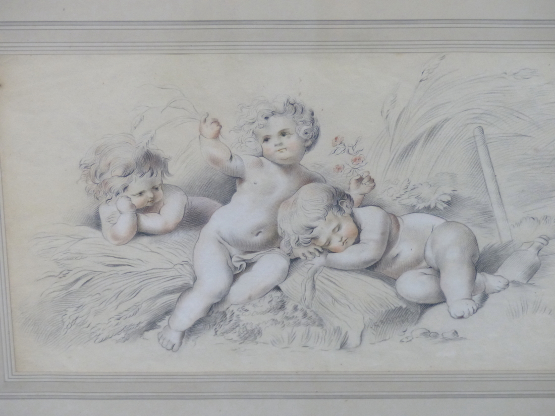 EARLY 19th.C.SCHOOL. PLAYFUL PUTTI, PENCIL AND COLOURED CHALK DRAWING. 25 x 41cms.