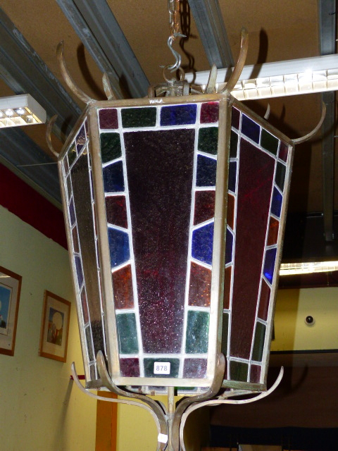 AN IMPRESSIVE BRONZE FRAMED HEXAGONAL HALL LANTERN WITH STAINED GLASS PANELS. MAX Dia.80cms x H. - Image 4 of 5