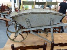 A RARE EARLY 20th.C.GALVANISED WROUGHT IRON GARDEN WHEELBARROW.