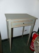 A PAIR OF FRENCH STYLE PAINTED BEDSIDE TABLES WITH FRIEZE DRAWER ON SQUARE TAPERED LEGS. 51 x 36 x