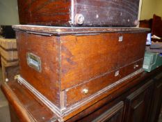 AN OAK TOOL CHEST AND ASSORTED OLD TOOLS TOGETHER WITH A WOODEN INSTRUMENT CARRYING CASE.