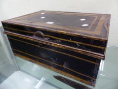 A 19th.C.JAPANNED TIN STATIONERY BOX WITH FITTED INTERIOR LABELLED FOR ALIBHOY VALLIJEE & SONS,