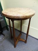 A MARBLE TOPPED OAK TABLE, THE FOUR REEDED SPINDLE LEGS JOINED BY A CROSS STRETCHER CENTRED BY A