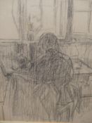 MARTIN YEOMAN. (1953-****) ARR. IN THE STUDY, SIGNED CHARCOAL DRAWING. 32.5 x 24.5cms.