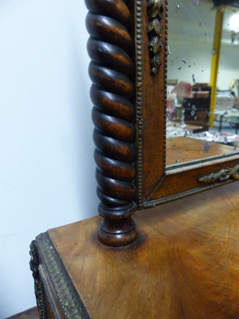 A SATINWOOD AND BRASS MOUNTED DRESSING TABLE SWING MIRROR WITH DRAWER BASE ON PAD FEET. 41 x 33 x - Image 10 of 14