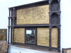 A THAI CARVED AND GILT WOOD THREE SHELF OVERMANTLE, THE THREE GILT RELIEFS OF DRAGON BOAT BURIAL