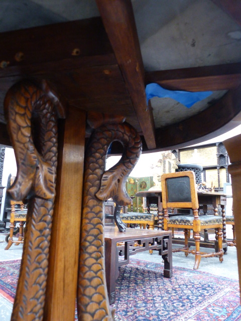 AN ANTIQUE AND LATER WALNUT AND MARBLE TOP TABLE ON TRIPLE CARVED DOLPHIN COLUMN PLATFORM BASE - Image 6 of 6