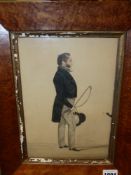 ENGLISH VICTORIAN NAIVE SCHOOL. PORTRAIT OF A GENTLEMAN HOLDING A TOP HAT AND A WHIP, WATERCOLOUR IN