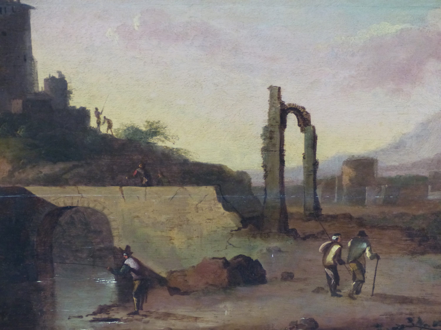 OLD MASTER SCHOOL. AN ITALIANATE LANDSCAPE WITH VILLAGE AND RUINS, OIL ON PANEL. 66 x 117cms. - Image 7 of 18