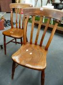 A SET OF FOUR VICTORIAN SLATBACK ELM SEAT KITCHEN CHAIRS. *4)