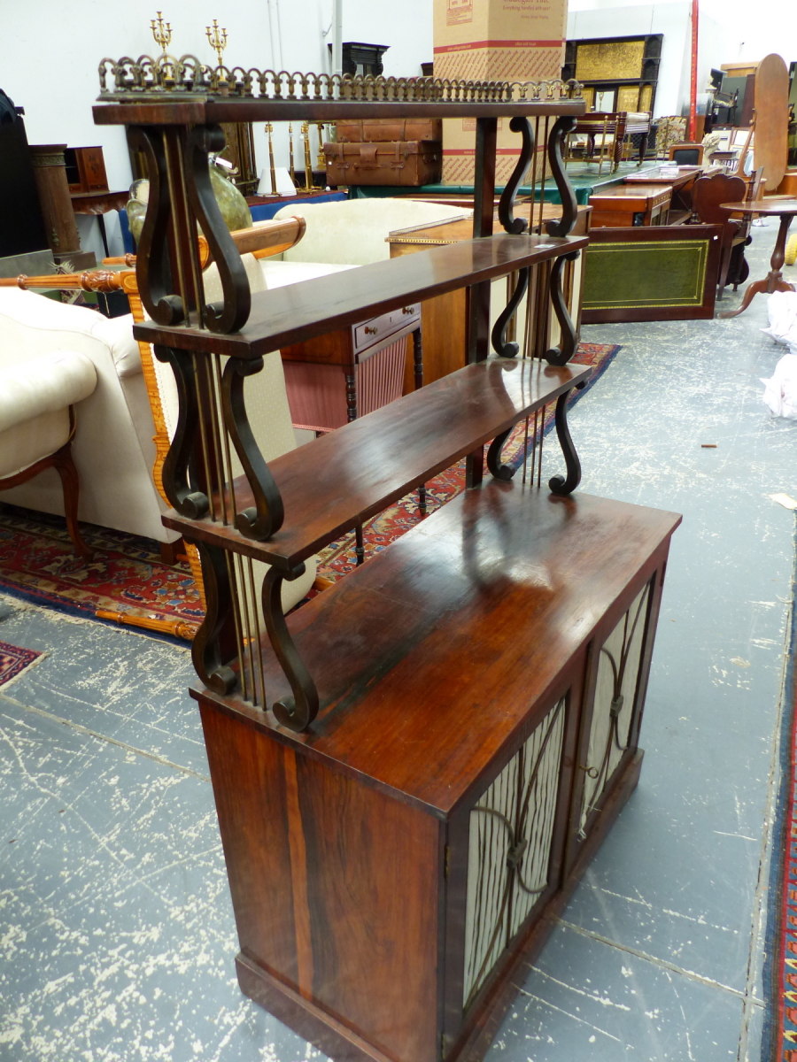 A REGENCY ROSEWOOD CHIFFONIER WITH BRASS GALLERY OVER TRIPLE LYRE SUPPORTED SHELVES ABOVE PLEATED - Image 2 of 12