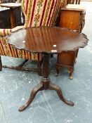 A GEO.III. MAHOGANY TRIPOD TABLE, PIE CRUST TOP WITH BIRDCAGE TILT TOP ON CARVED CLAW FEET. Dia.64 x