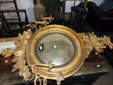 AN EARLY 19th.C.CARVED GILTWOOD CONVEX MIRROR WITH ENTWINED DOLPHIN CREST AND FLANKING PAIRS OF