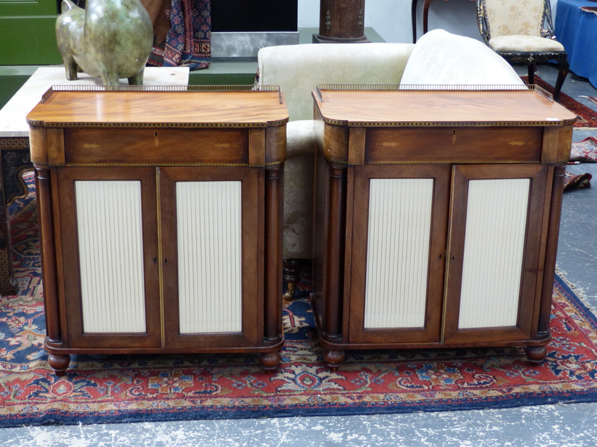 A PAIR OF 19th.C.AND LATER REGENCY STYLE MAHOGANY SIDE CABINETS WITH BRASS GALLERY TOP OVER FRIEZE - Image 5 of 16