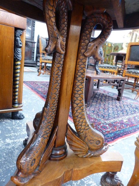 AN ANTIQUE AND LATER WALNUT AND MARBLE TOP TABLE ON TRIPLE CARVED DOLPHIN COLUMN PLATFORM BASE - Image 5 of 6