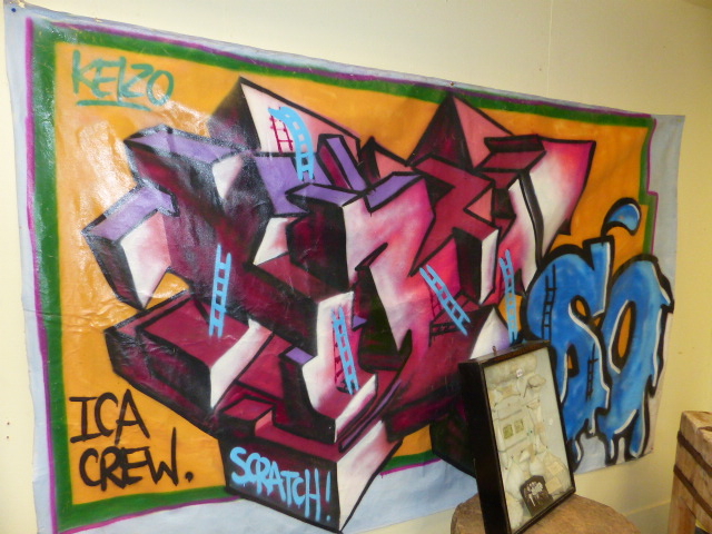 CONTEMPORARY SCHOOL. A GRAFFITI COMPOSITION, OIL ON UNSTRETCHED CANVAS. 157 x 258cms. - Image 4 of 7