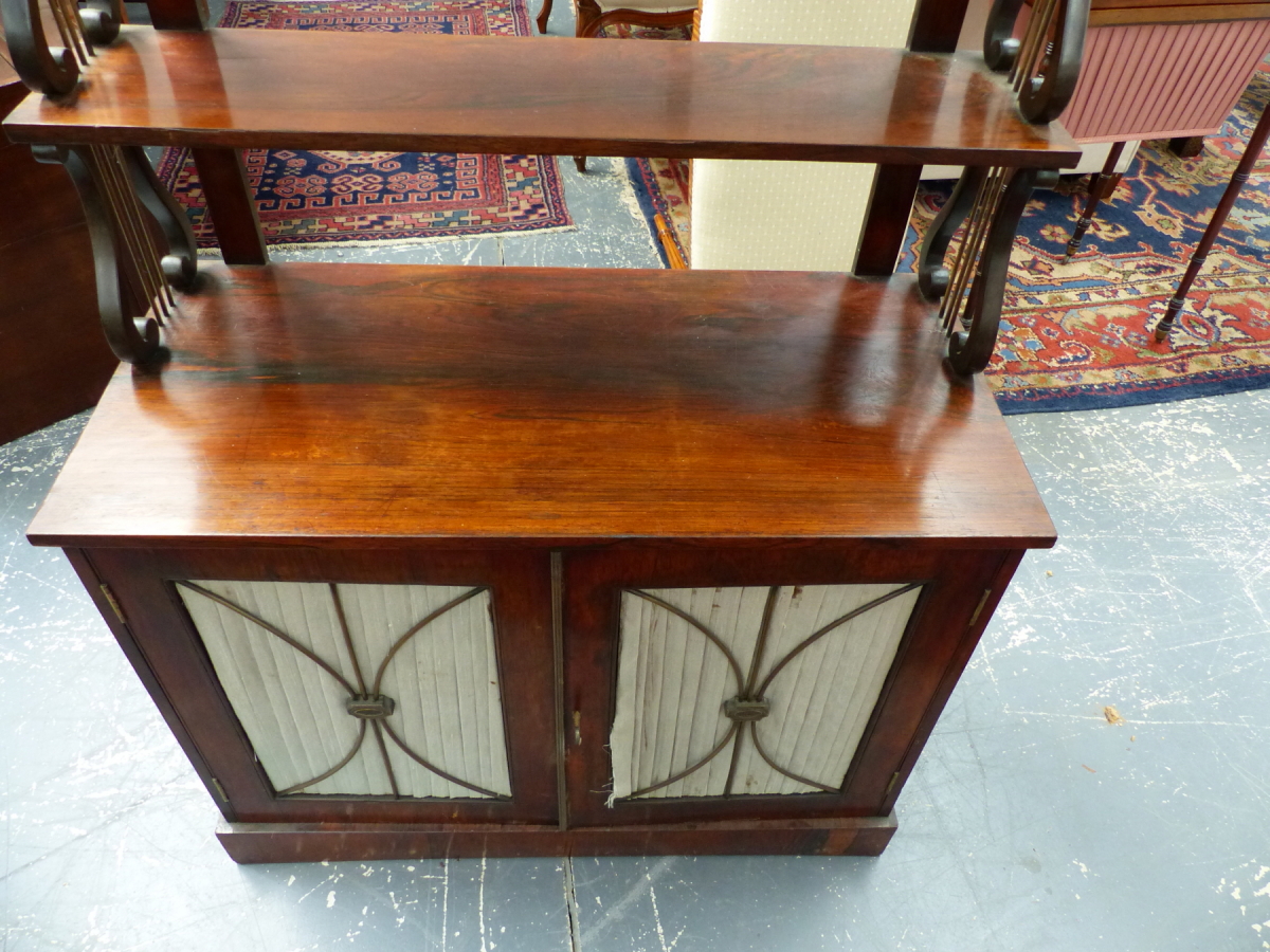 A REGENCY ROSEWOOD CHIFFONIER WITH BRASS GALLERY OVER TRIPLE LYRE SUPPORTED SHELVES ABOVE PLEATED - Image 7 of 12