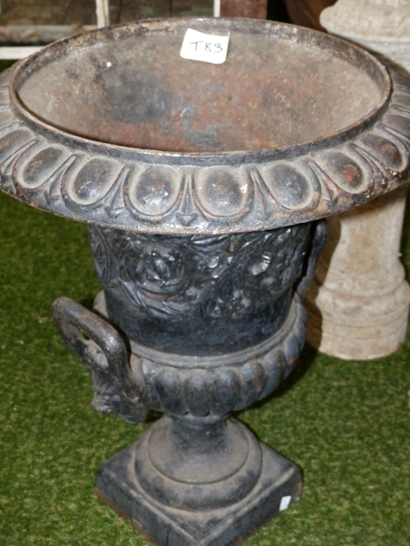 A PAIR OF OLD CAST IRON CLASSICAL VICTORIAN STYLE GARDEN URNS ON SQUARE BASES. Dia.48 x H.60cms. - Image 4 of 4